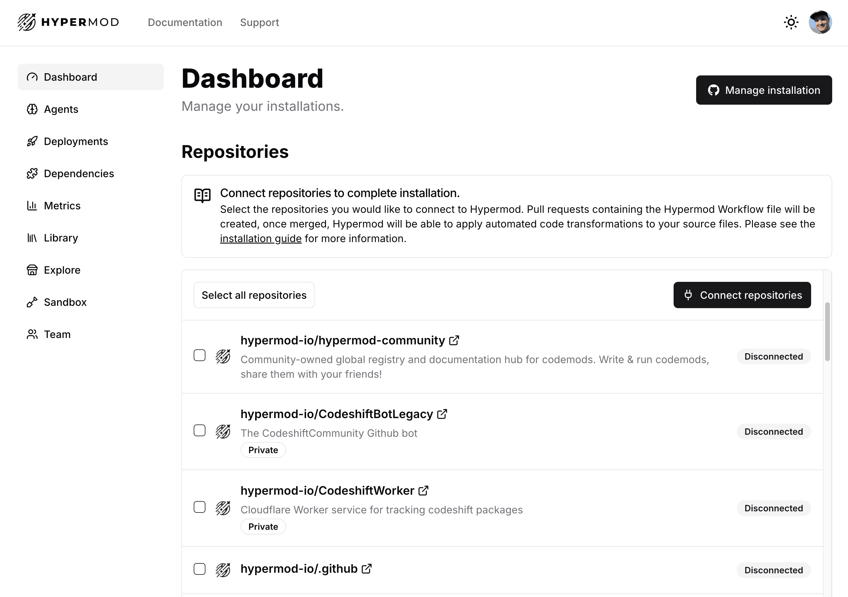 Dashboard showing available repositories